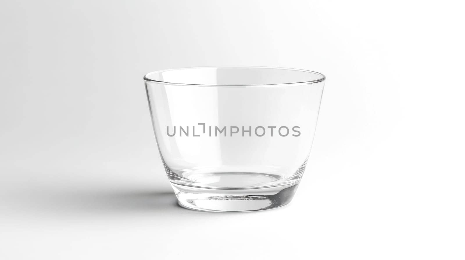 Empty transparent glass cup with smooth finish standing on a white background. Creating a clean and minimalist aesthetic. Perfect for showcasing beverages or adding a touch of elegance to any design