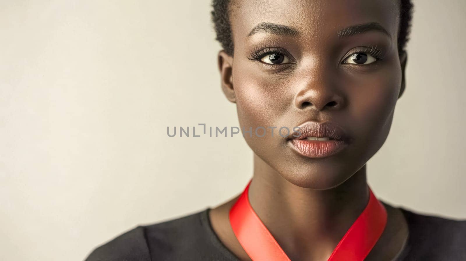 Studio portrait featuring a beautiful young african american model wearing a red ribbon around her neck, exuding confidence and hope while looking at the camera