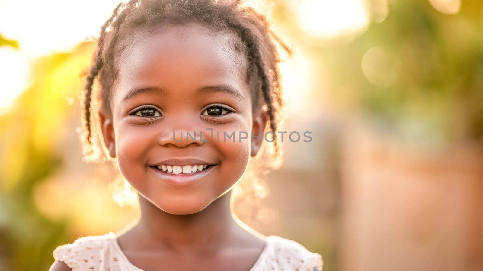 Close up portrait of a cheerful young african american girl with braided hair, radiating joy with a heartwarming smile in a soft, naturally lit outdoor setting