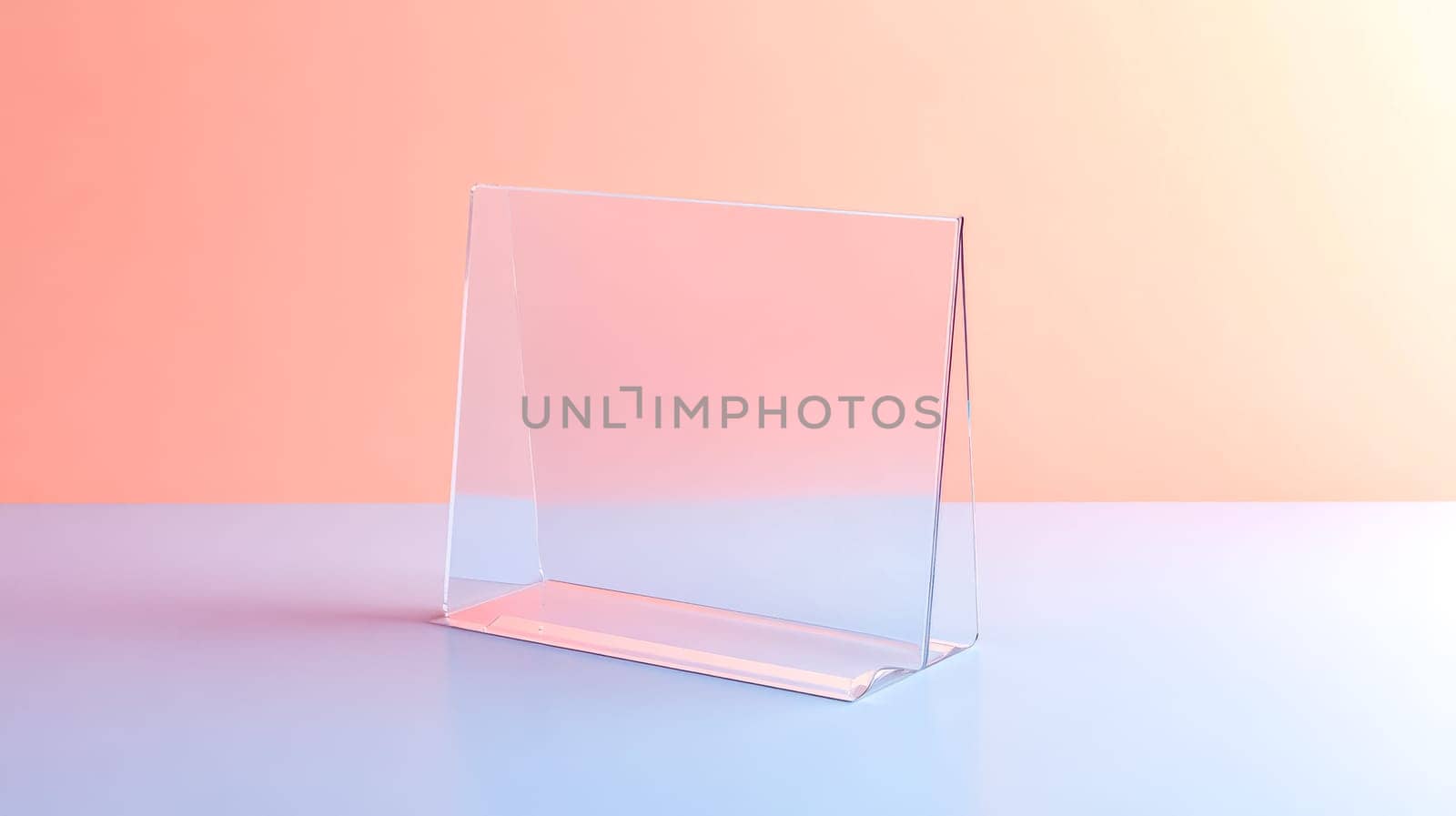 Modern and minimalist transparent acrylic card holder standing on a surface with a vibrant two tone background, creating a stylish and contemporary display