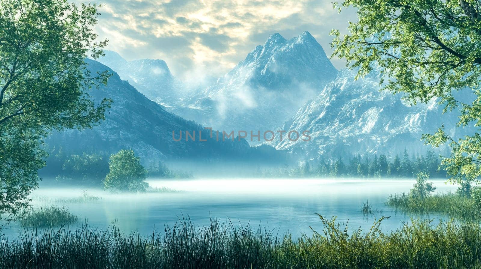 Soft morning light illuminating a tranquil mountain lake, with mist rising from the water's surface and partially obscuring majestic peaks, creates a serene landscape framed by lush green trees
