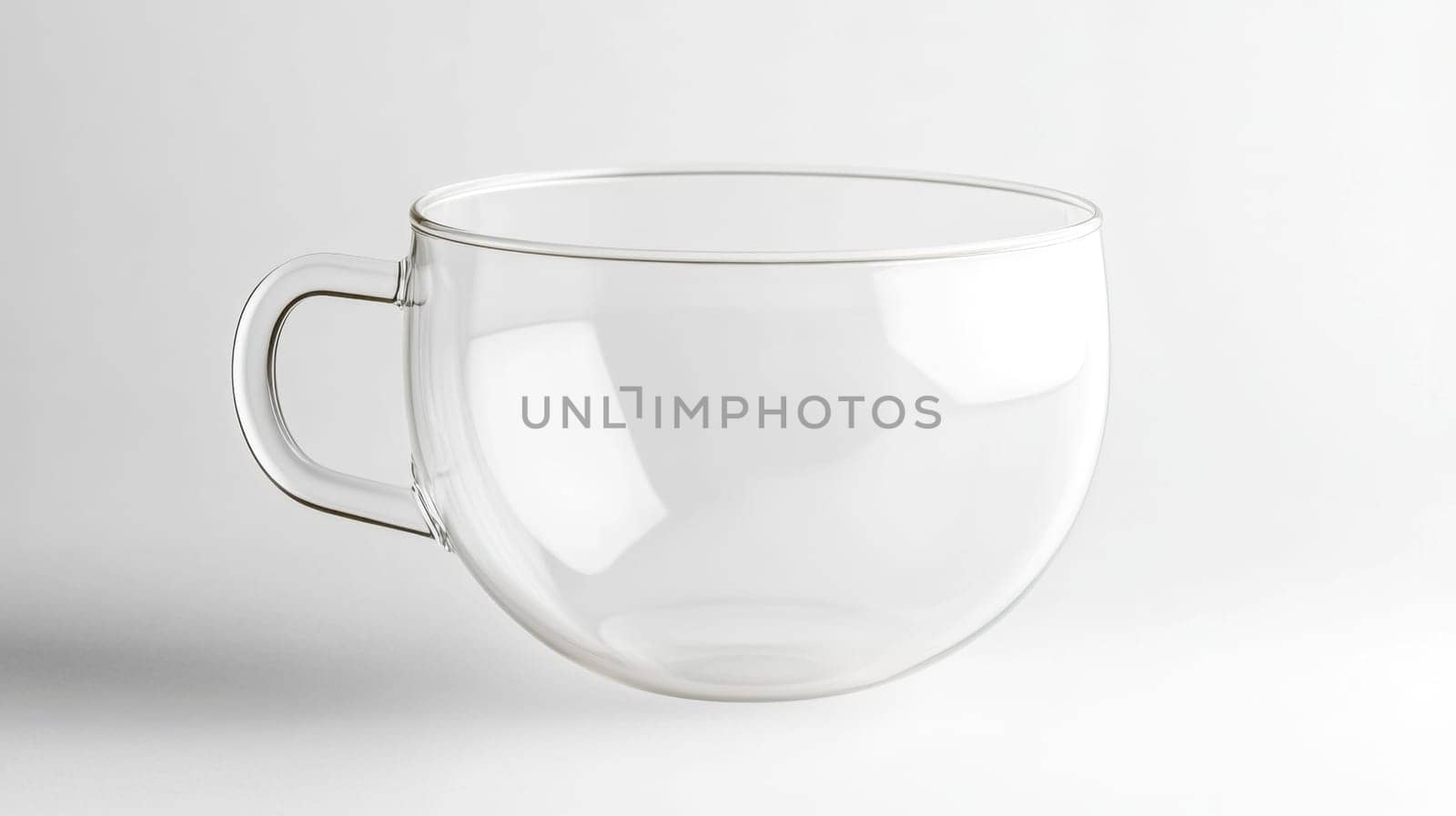 Studio shot featuring an empty, clear glass cup with a handle, placed on a plain white background, creating a minimalist and elegant composition ideal for showcasing beverages or design concepts