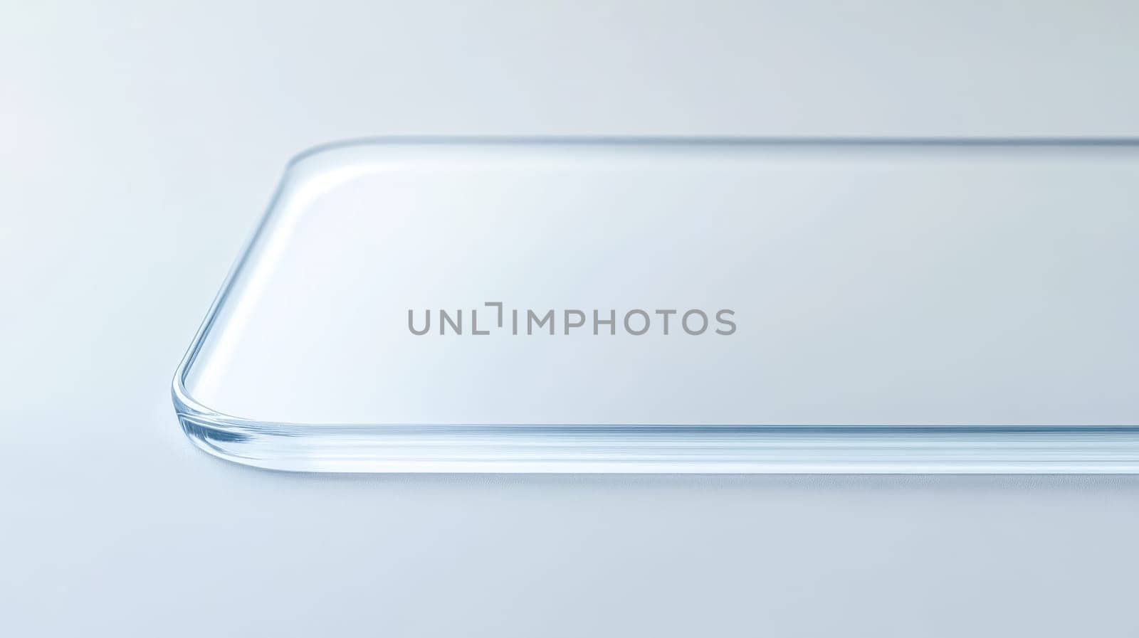 Close up of a single, thin acrylic sheet with rounded corners, delicately placed on a pristine white surface, creating a subtle interplay of light and transparency