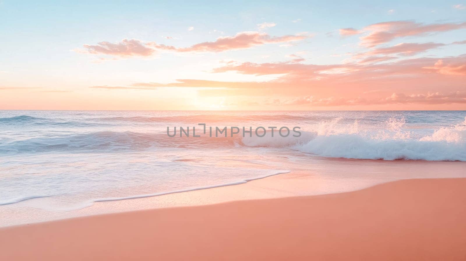 Gentle waves washing onto a pink sand beach during a vibrant sunset, creating a serene and picturesque coastal scene with colorful sky and soft sunlight