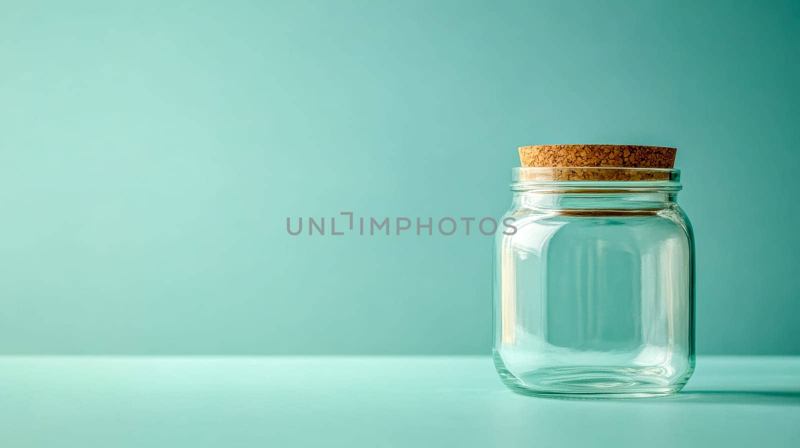 Featuring an empty transparent glass jar with a cork lid, resting on a vibrant turquoise surface, creating a clean and elegant composition with ample copy space for design purposes