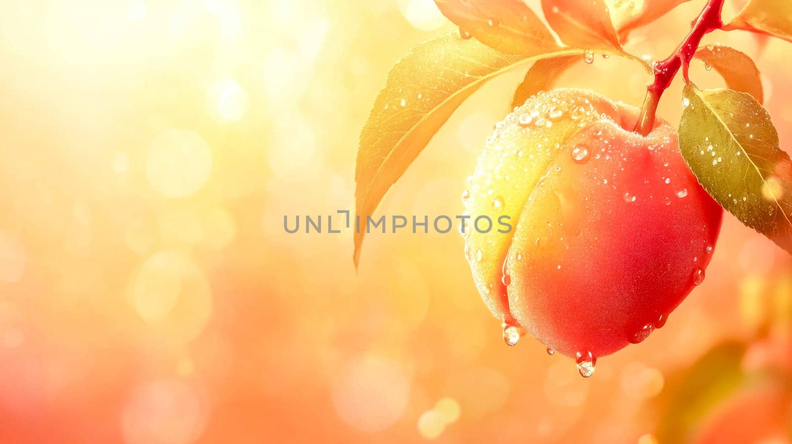 Ripe, juicy peach glistening with water droplets hangs on a branch in a sunlit orchard, radiating warmth and freshness, surrounded by a softly blurred background of vibrant greenery
