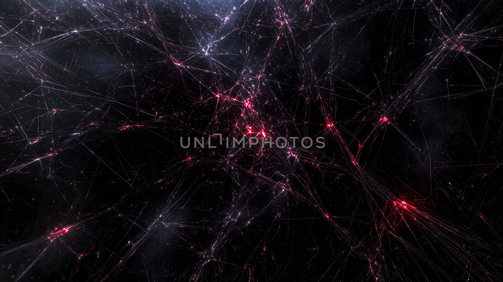 Glowing neon paths create a complex network, connecting data nodes in a dark digital space, symbolizing data flow and interconnected systems
