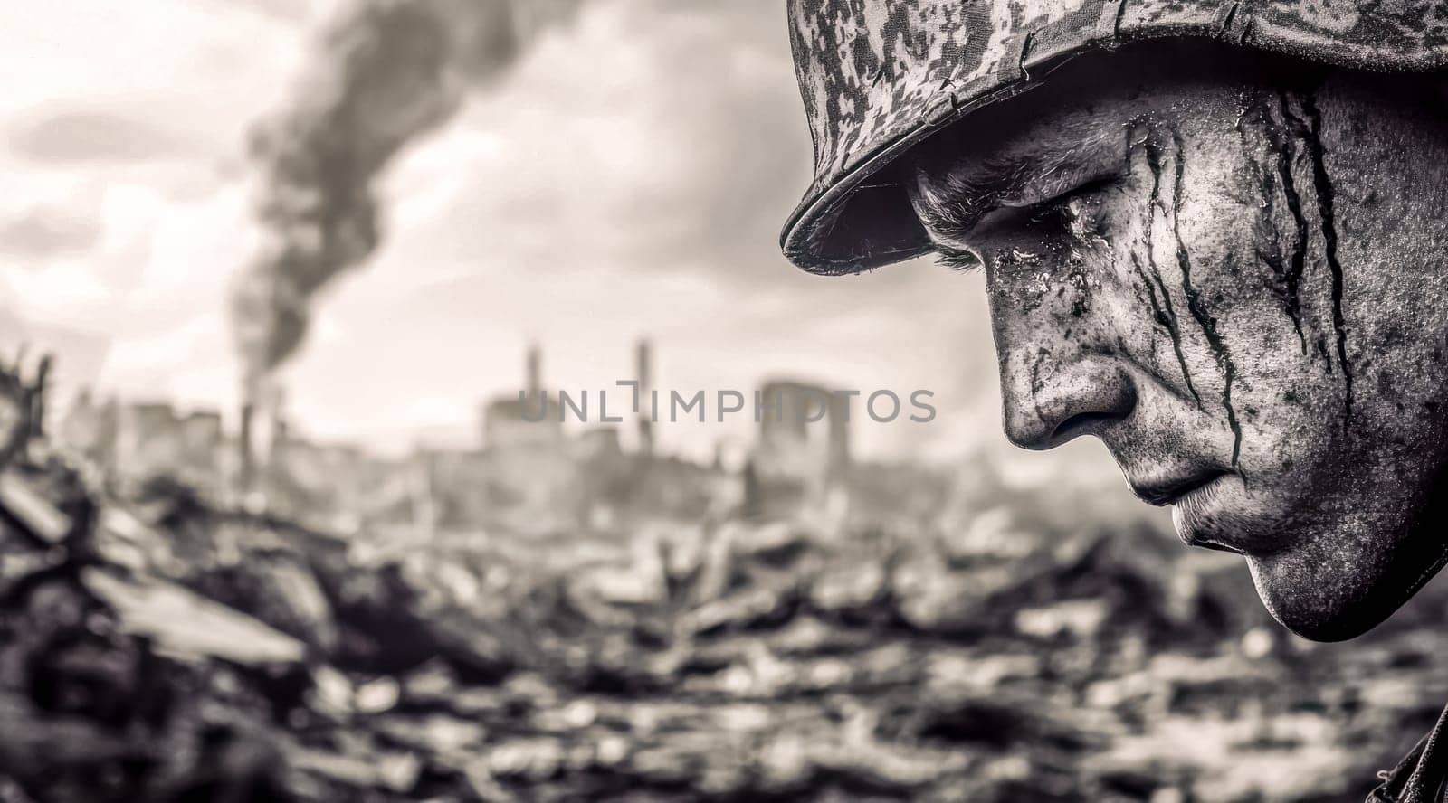 Tear streaked and dirty, a soldier contemplates the devastation of a destroyed city, with smoke rising ominously from the ruins in the background, capturing the essence of war's despair