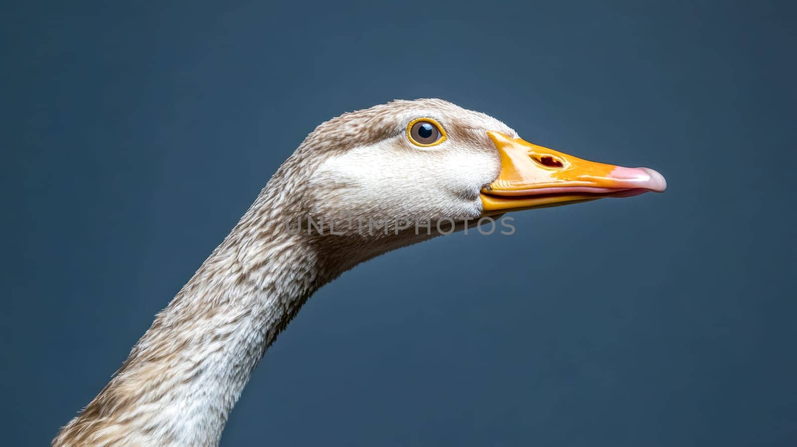 Close up profile of an american buff goose, highlighting its striking orange beak and intricate white and brown feathers against a vibrant blue background