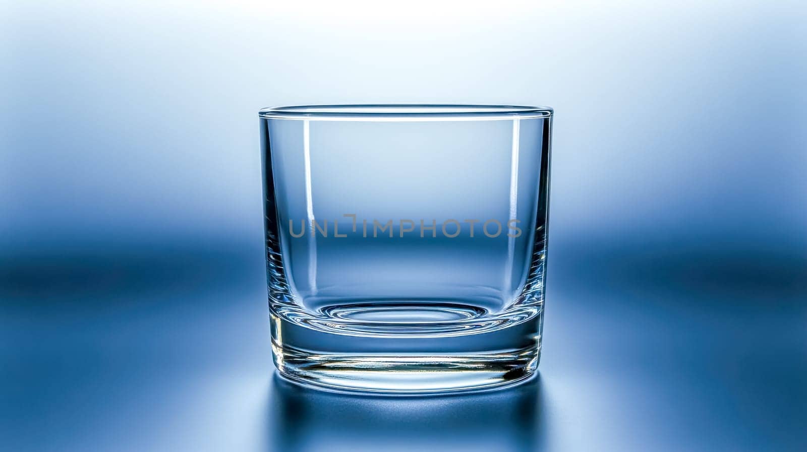 Empty transparent glass cup with a smooth finish sits on a reflective blue surface, creating a clean and minimalist aesthetic against a gradient backdrop