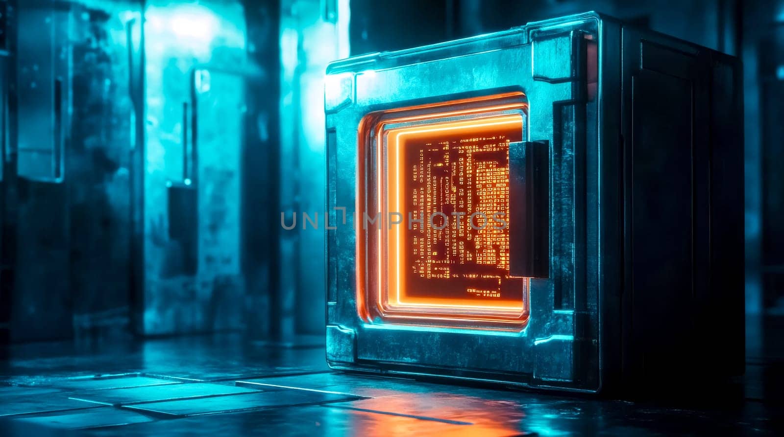 Futuristic digital vault displaying glowing code on a screen, symbolizing data security and protection in a high tech environment with blue neon lights