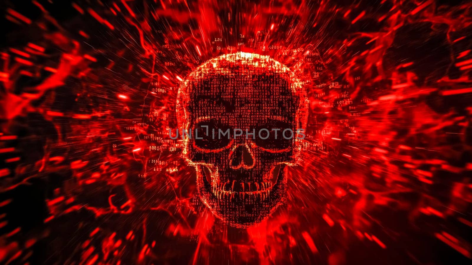 Binary code forming a flaming skull symbolizes digital dangers and vulnerabilities in computer networks, highlighting cybersecurity threats