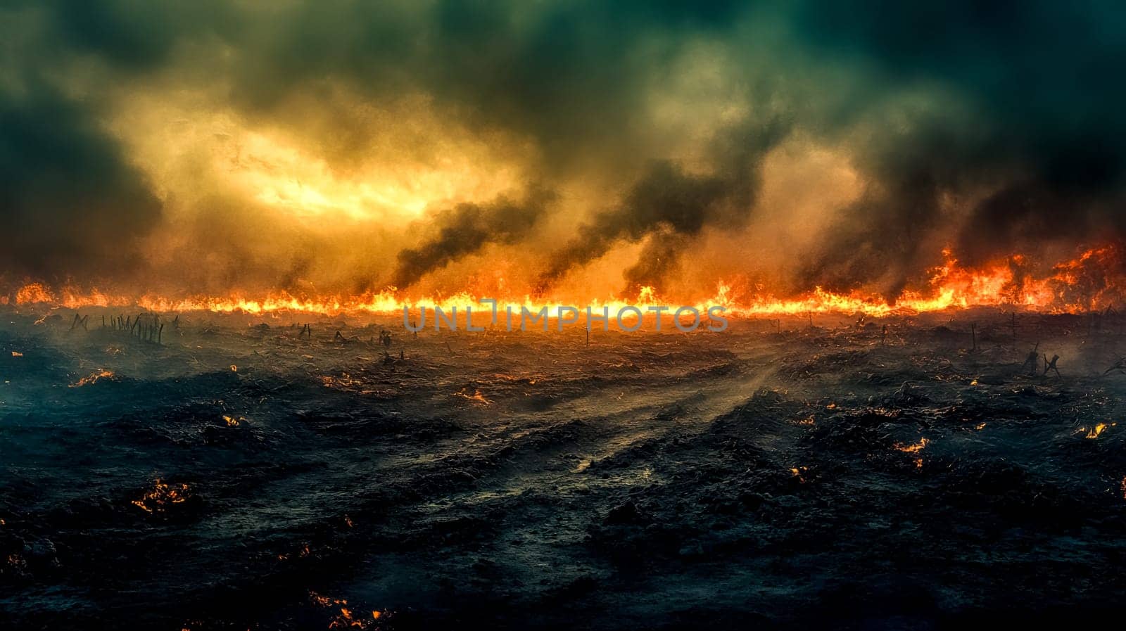 Large field is burning with a line of fire stretching across, creating a dramatic scene with dark smoke filling the sky and glowing embers scattered on the ground