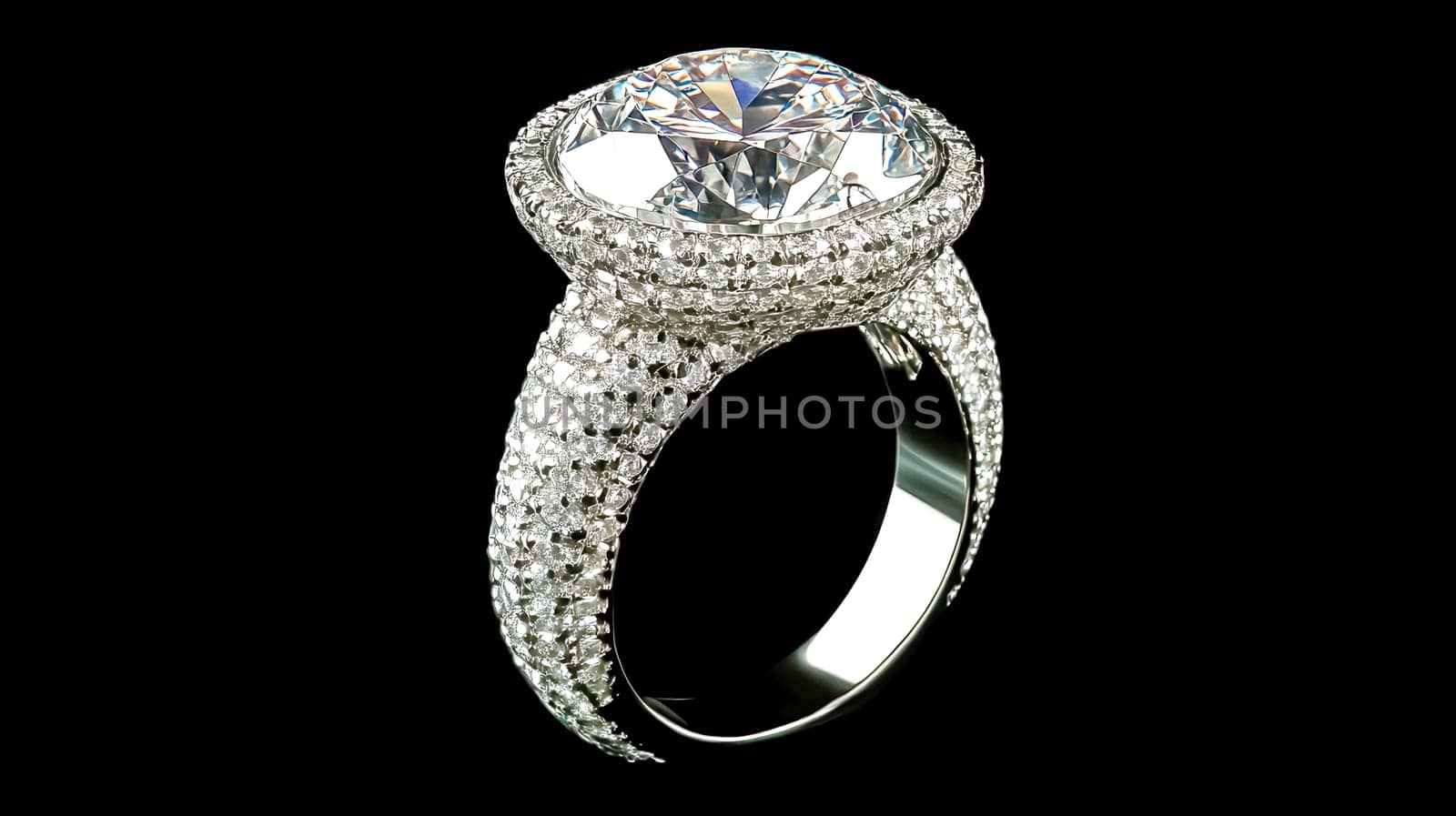 Luxurious sparkling diamond ring resting on a black background, highlighting exquisite design and brilliant gemstones. Perfectly capturing elegance and high end craftsmanship