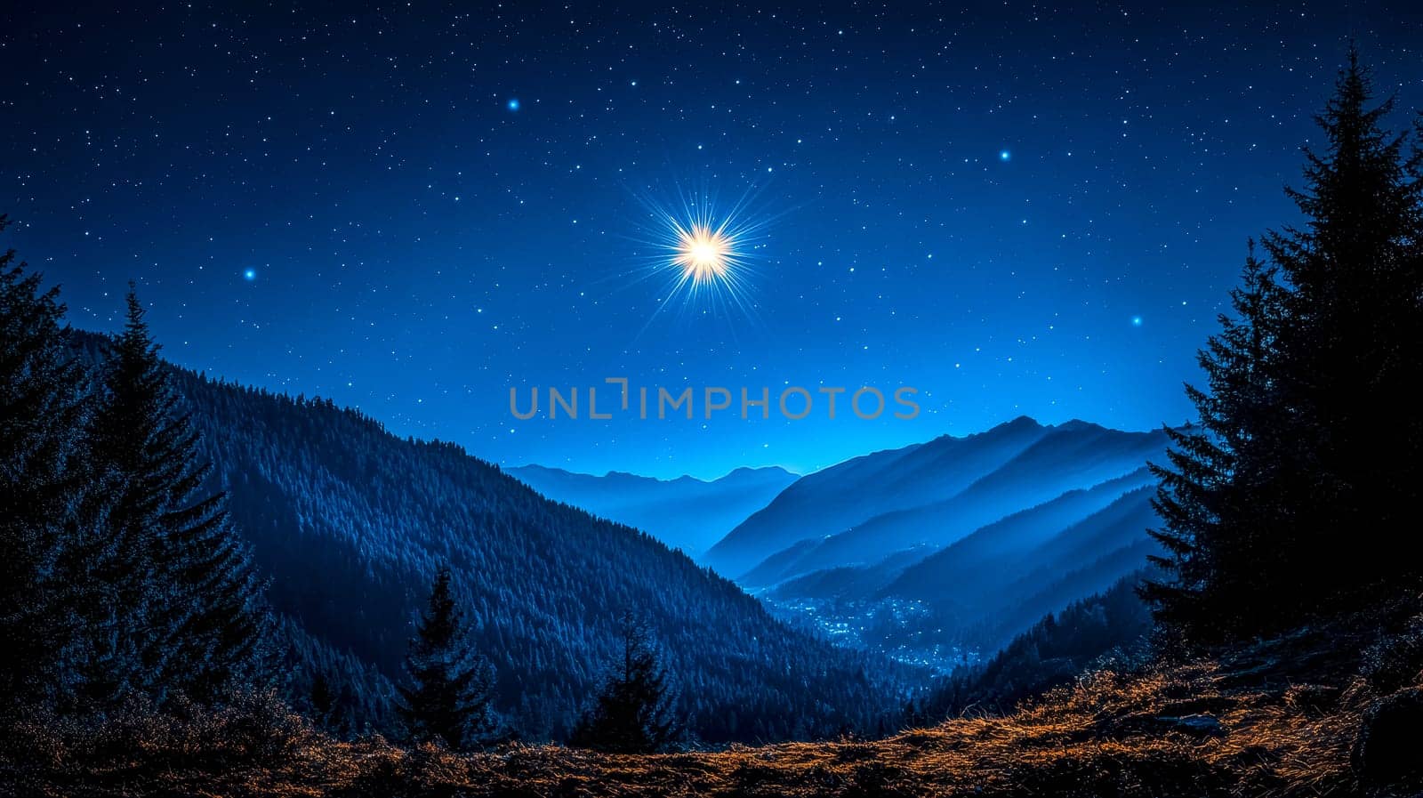 Radiant star illuminates the night sky above a picturesque mountain range and a serene forest, creating a captivating nocturnal landscape
