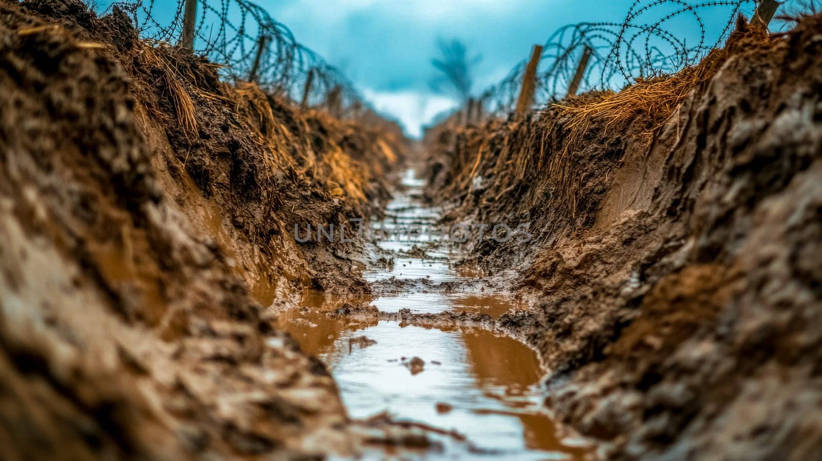 Water stagnating in a muddy trench reflects the sky above rusty barbed wire fences, capturing the stark realities and devastation of war torn landscapes and military conflict
