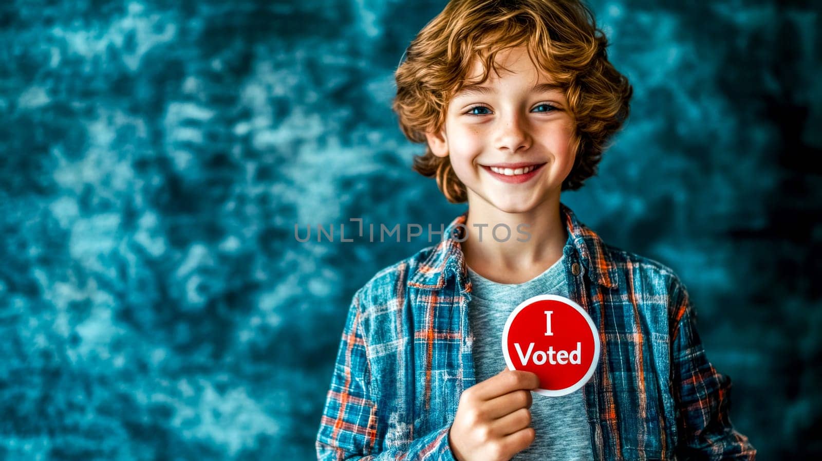 Smiling young boy proudly holding up an i voted sticker, representing the importance of civic engagement and participation in democracy from a young age
