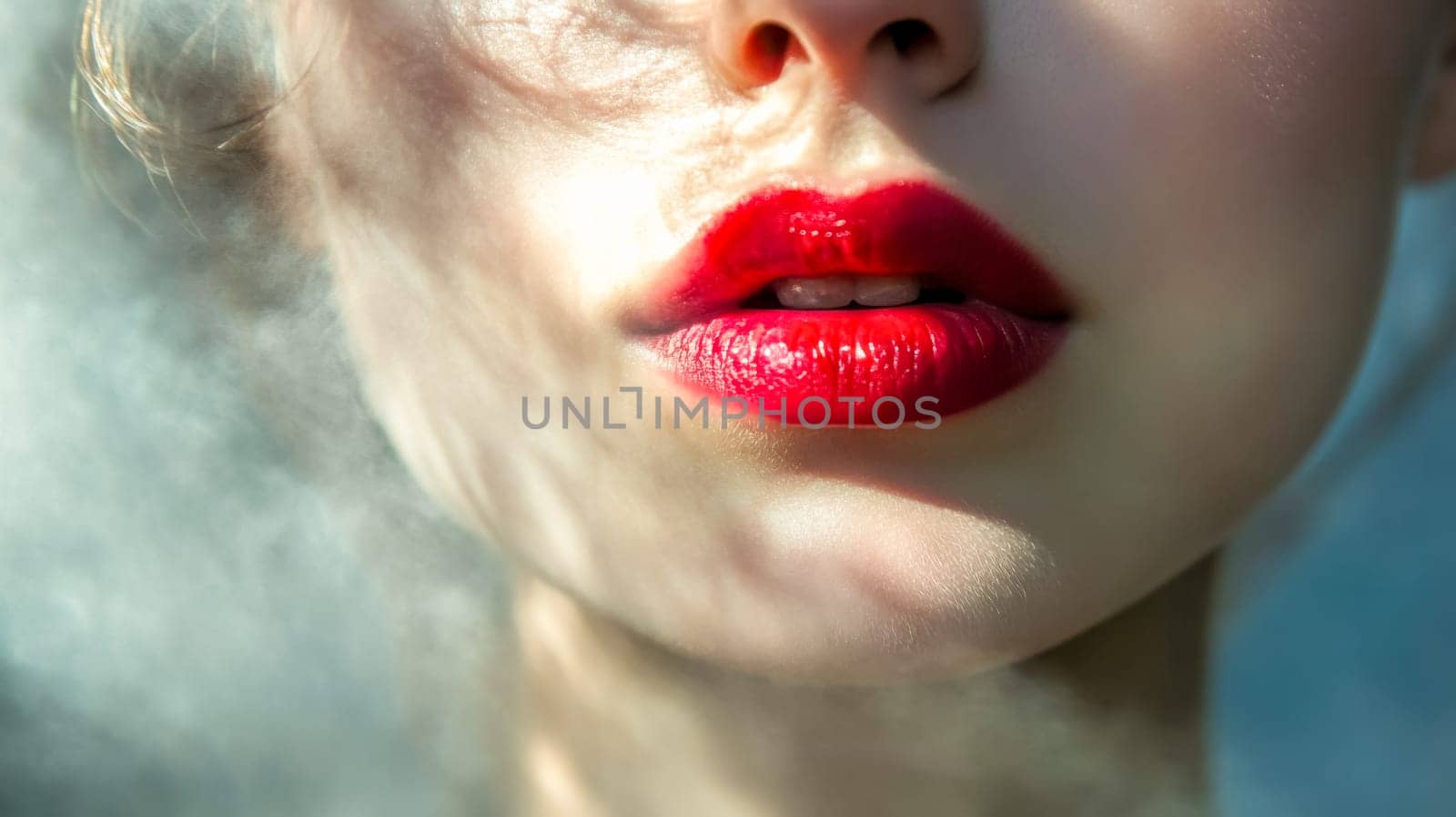 Close up of a woman's lower face, highlighting her vibrant red lipstick amidst a misty or smoky atmosphere, creating a dramatic and sensual effect