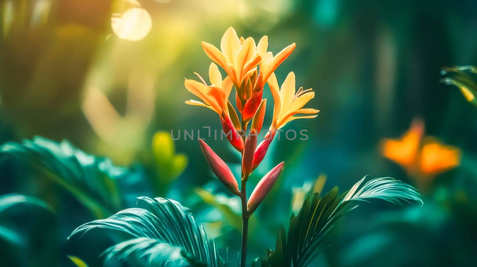 Warm sunlight illuminates a vibrant orange flower in full bloom, creating a striking contrast against the lush green foliage of a tropical garden