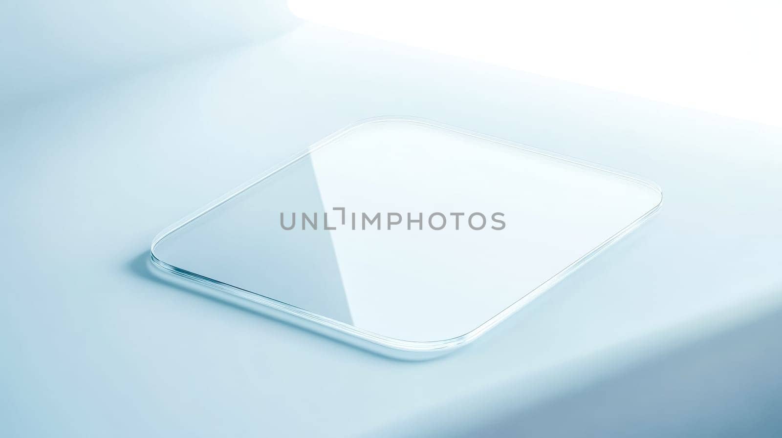 Single, thin acrylic sheet with rounded corners resting on a smooth, light blue surface, reflecting light and embodying a minimalist, modern aesthetic for design use