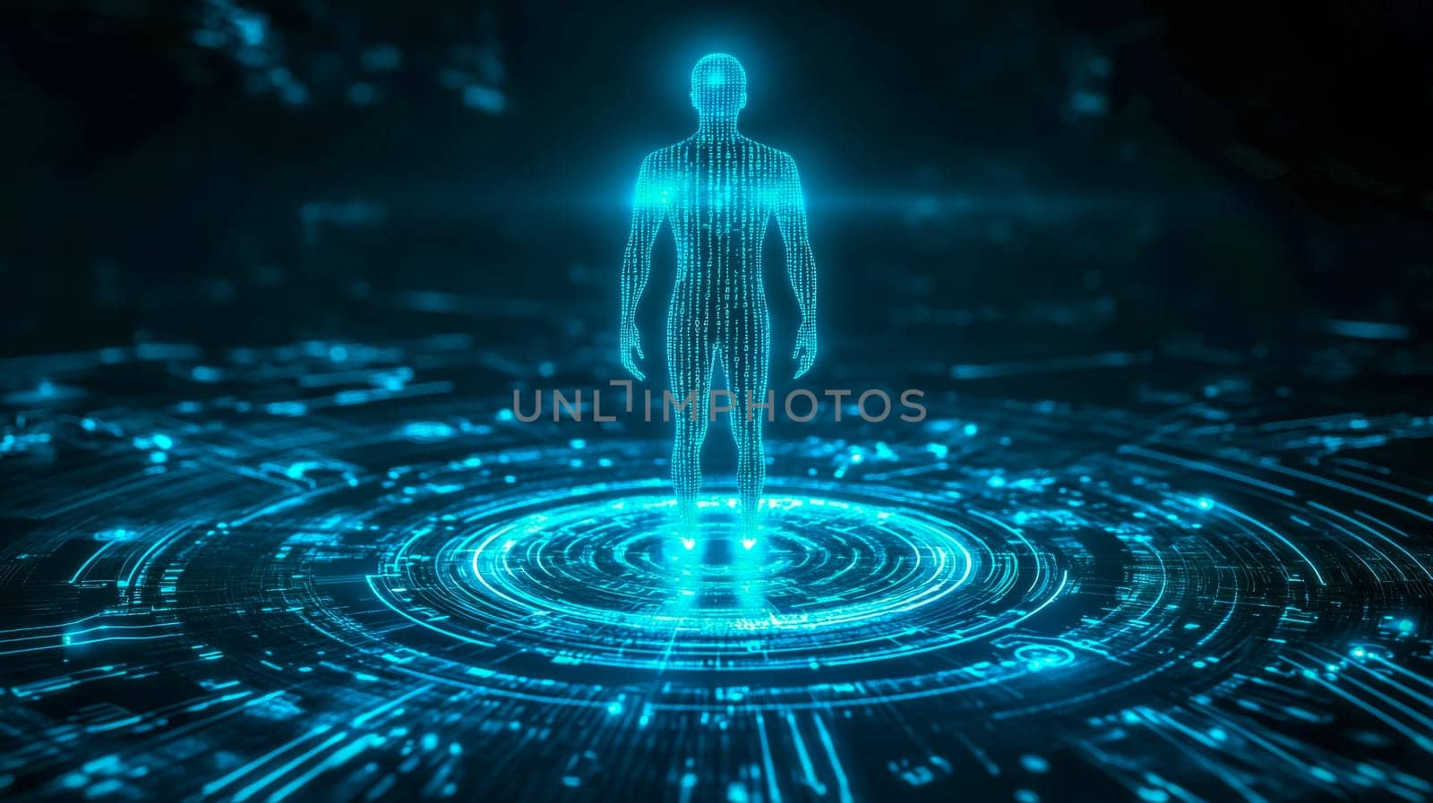 Glowing blue lines form a futuristic digital platform beneath a humanoid figure, suggesting the integration of man and technology in a virtual or simulated reality