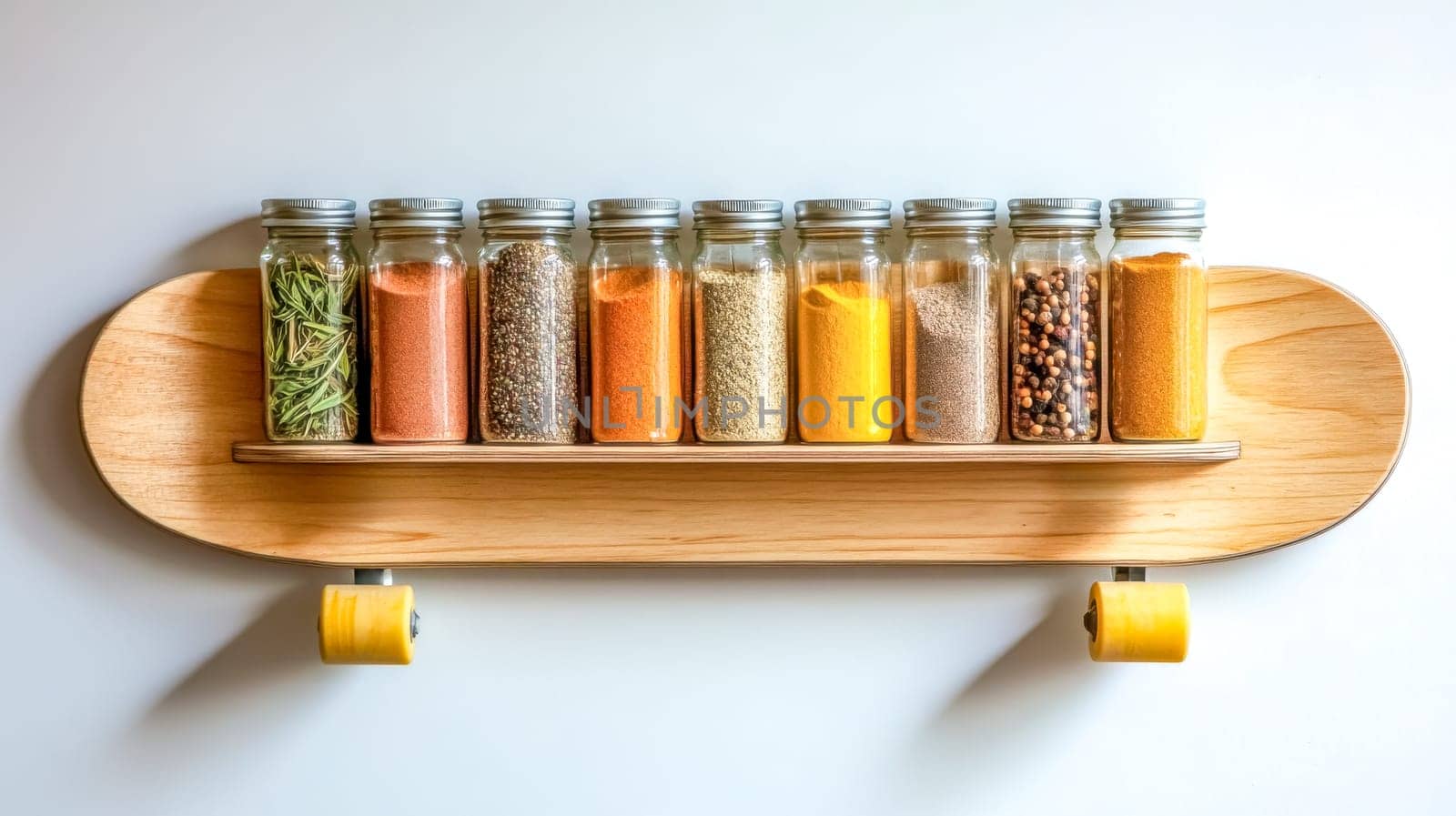 Wooden skateboard mounted on a white wall is creatively repurposed as a spice rack, holding several glass jars filled with a variety of colorful spices and herbs