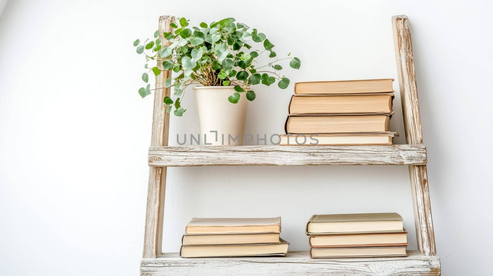 Wooden ladder repurposed as a bookshelf with stacks of vintage books and a potted houseplant creates a cozy and stylish interior design against a clean white wall