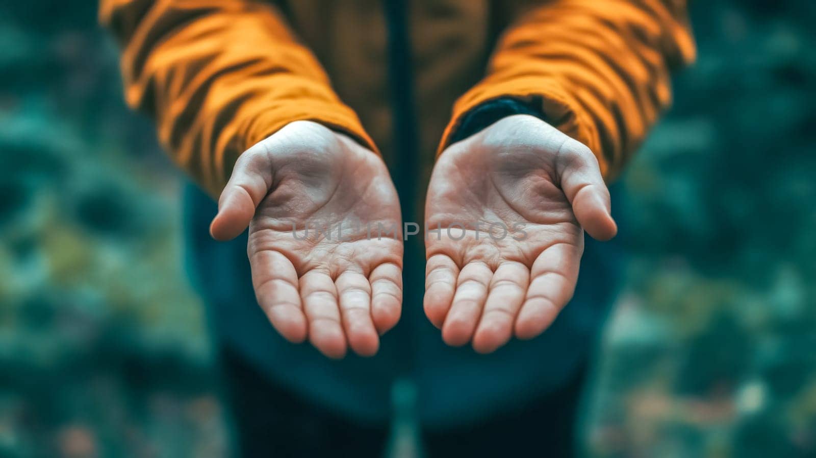 Hiker showing empty hands, expressing a concept of offering, requesting, receiving, or demonstrating emptiness in a natural outdoor setting