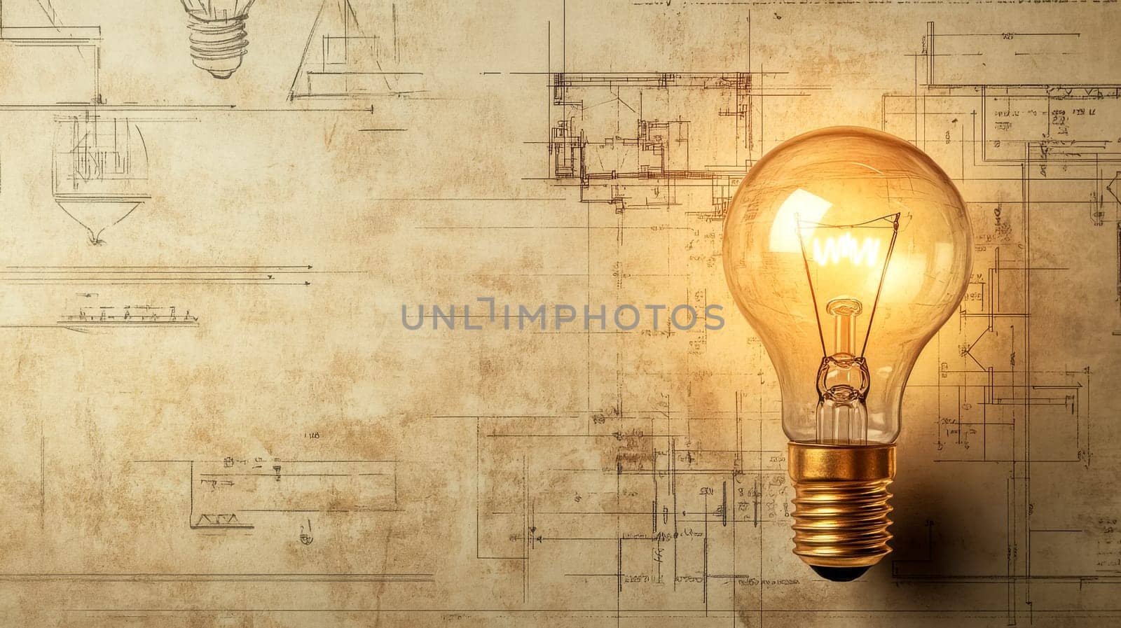 Glowing light bulb illuminates an architectural blueprint, symbolizing innovative ideas and creative solutions in design and construction, fostering inspiration and problem solving
