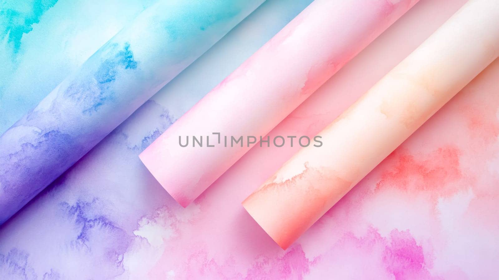 Rolls of colorful wrapping paper with gentle watercolor gradients create a vibrant and artistic display, perfect for creative gift wrapping and decorative projects