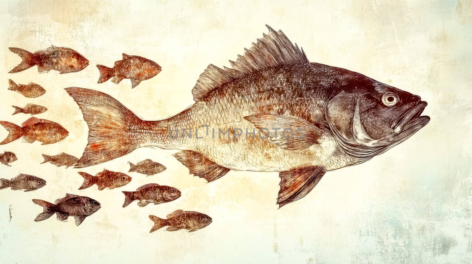 Large fish, rendered in sepia tones, swimming gracefully while guiding a school of smaller fish, creating a captivating visual narrative of leadership and community in the underwater world