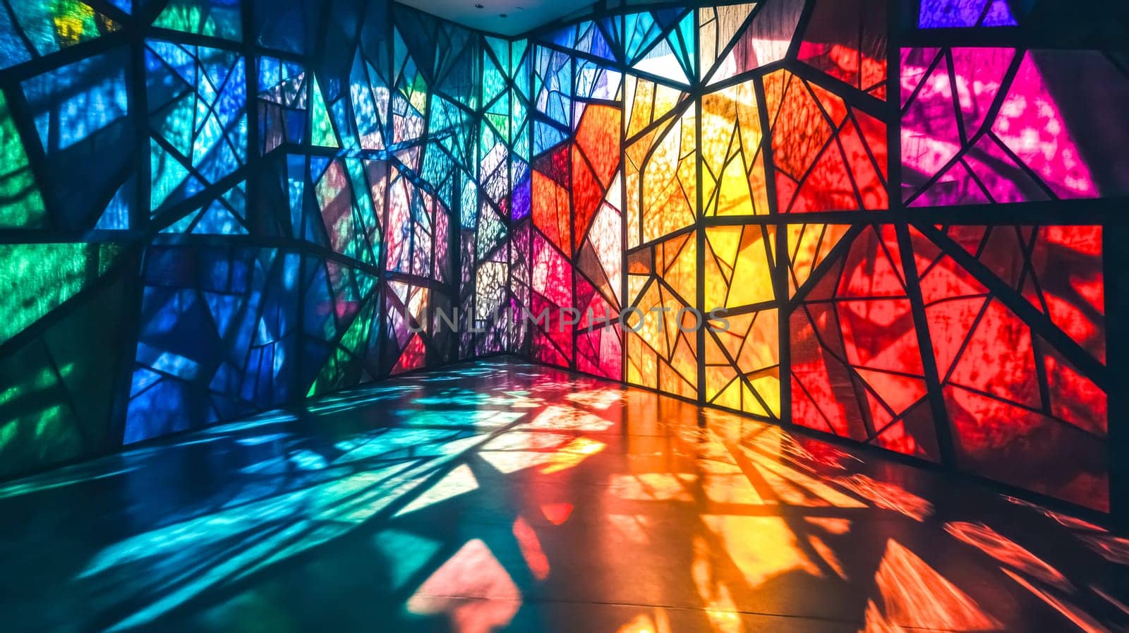 Sunlight streams through a vibrant stained glass partition, creating a mesmerizing display of colorful light and shadow patterns on the floor of a modern architectural space