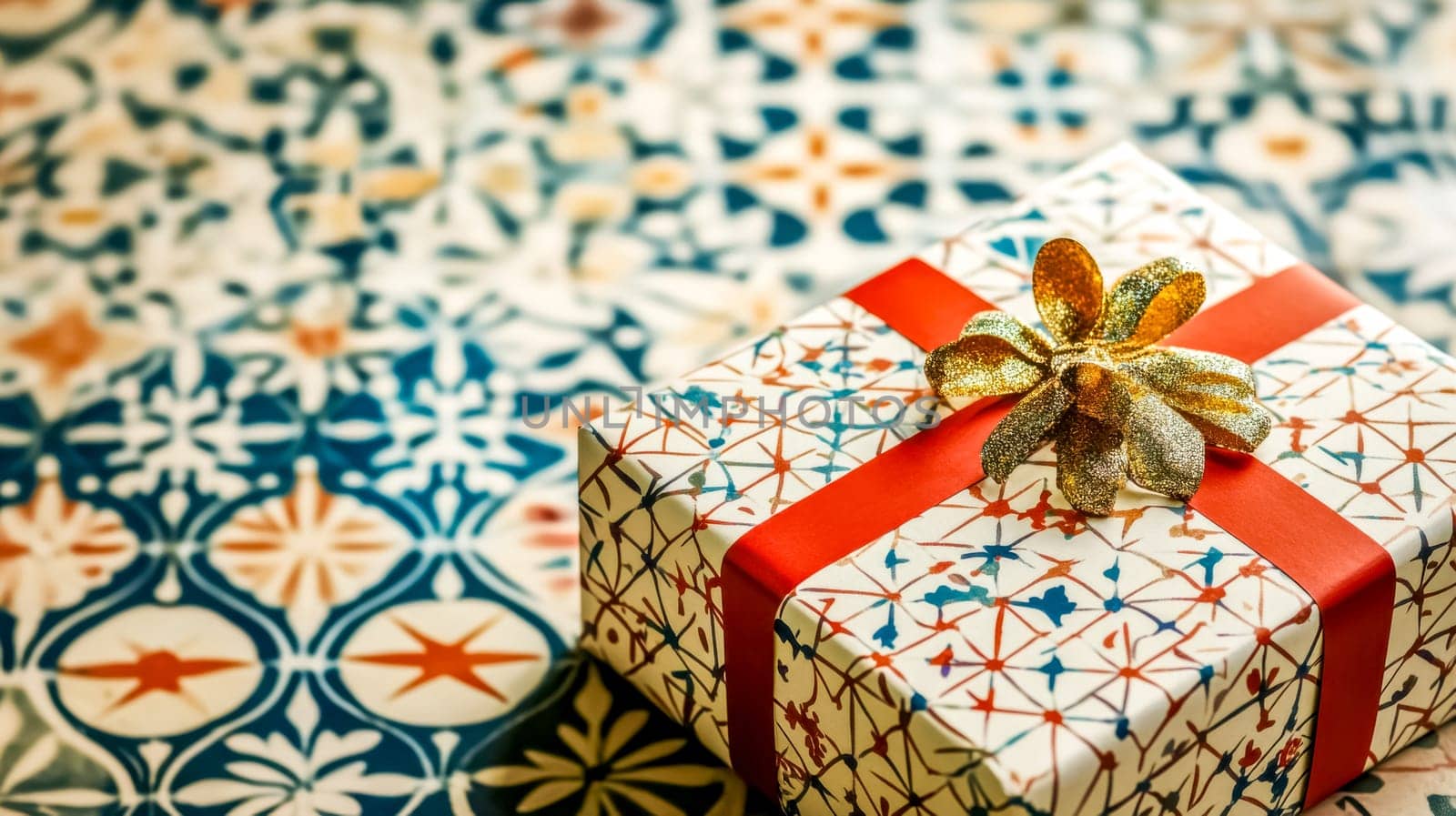 Elegantly wrapped gift box featuring a vibrant red ribbon, a delicate gold bow, and intricate geometric patterns resting on a decorative tile surface, creating a festive and celebratory atmosphere