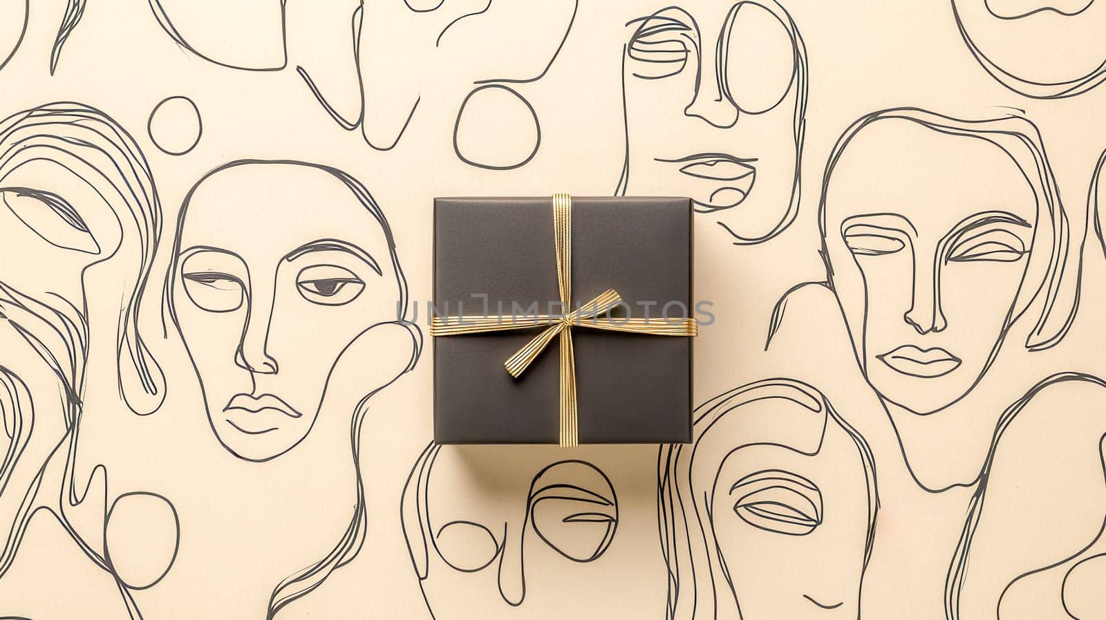 Black gift box with gold ribbon placed on beige wrapping paper featuring minimalist line drawings of faces, creating a stylish and artistic presentation for special occasion