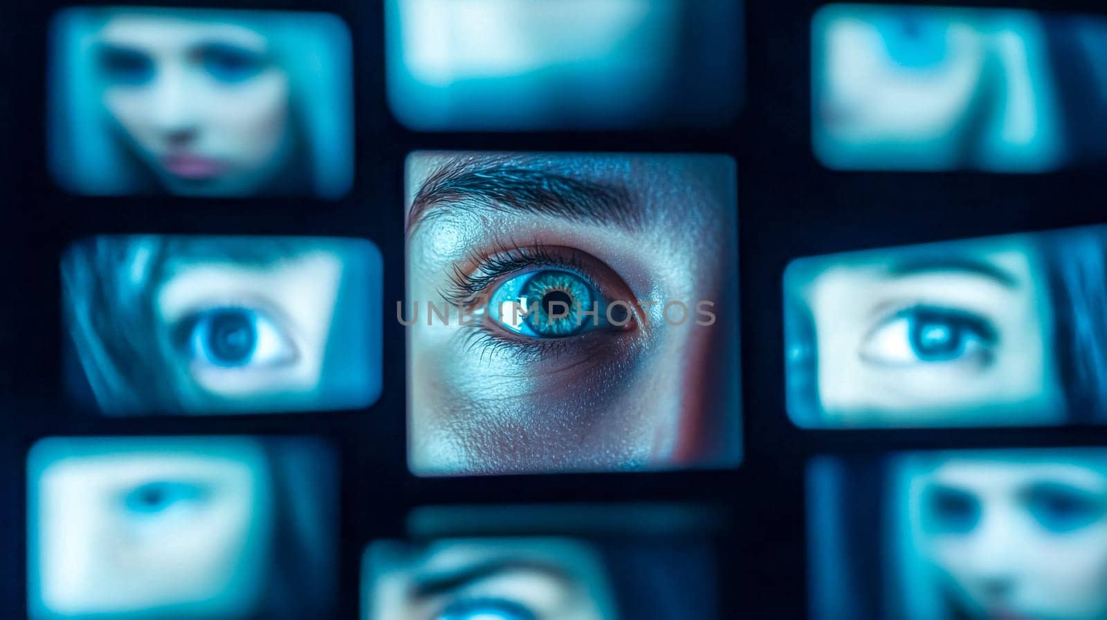 Central eye is looking intensely, surrounded by screens displaying other eyes and faces, representing concepts like surveillance, voyeurism, and online privacy in the digital age