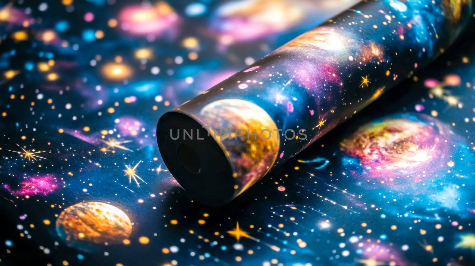 Holographic wrapping paper featuring a vibrant galaxy design, showcasing swirling planets, sparkling stars, and colorful nebulae, creates a mesmerizing cosmic effect perfect for celebrations