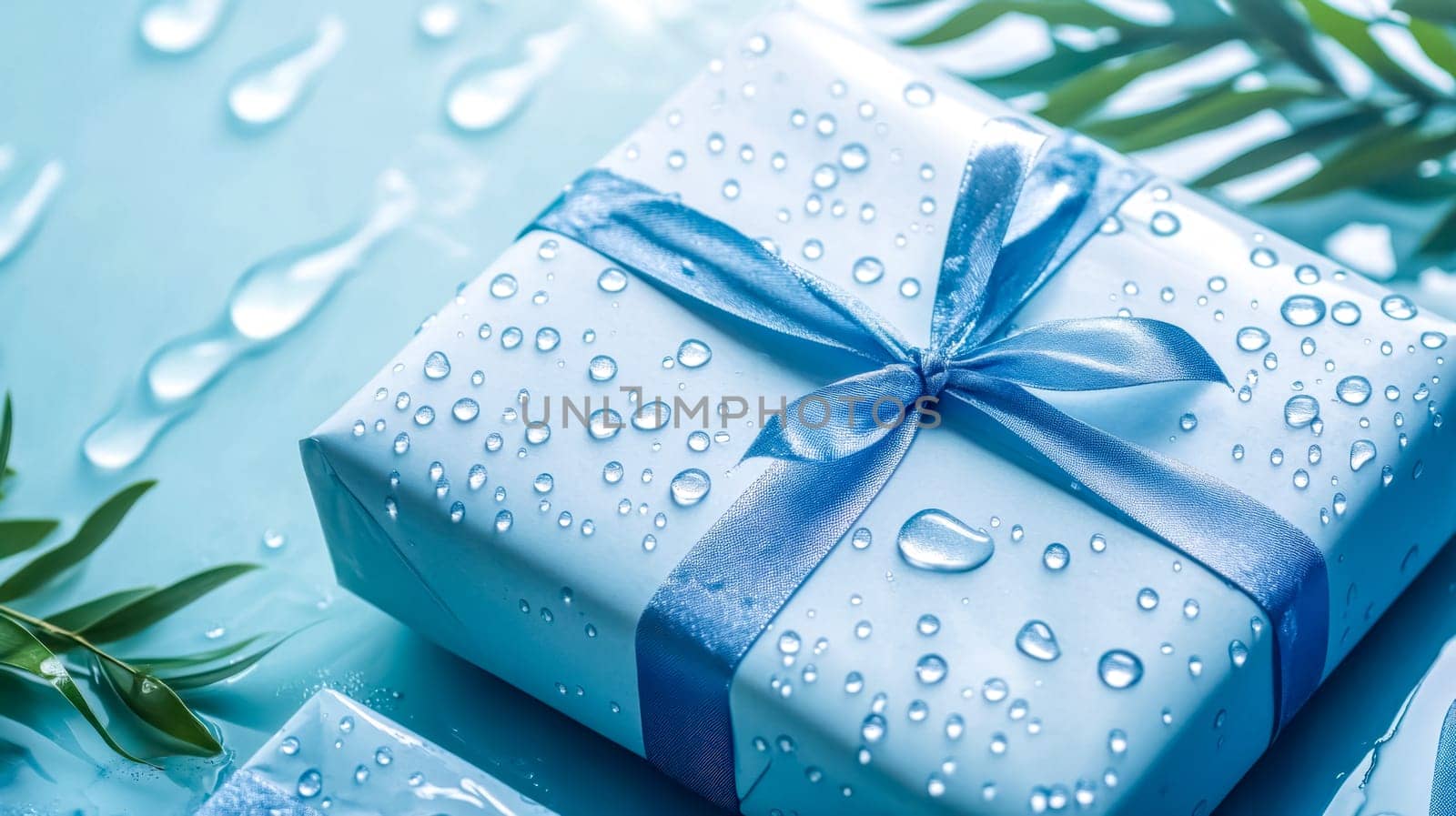 Elegant light blue gift box, adorned with a matching ribbon and delicate water droplets, rests on a blue backdrop with green leaves, creating a refreshing and serene atmosphere