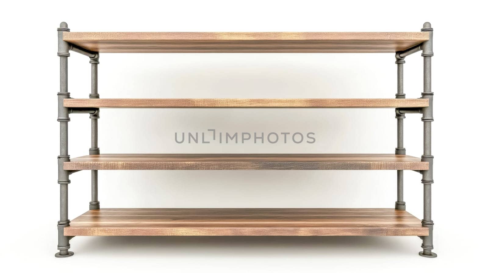 Modern industrial style bookshelf made of metal pipes and four wooden planks standing on white background, perfect for displaying books or decorative items in a stylish and contemporary setting