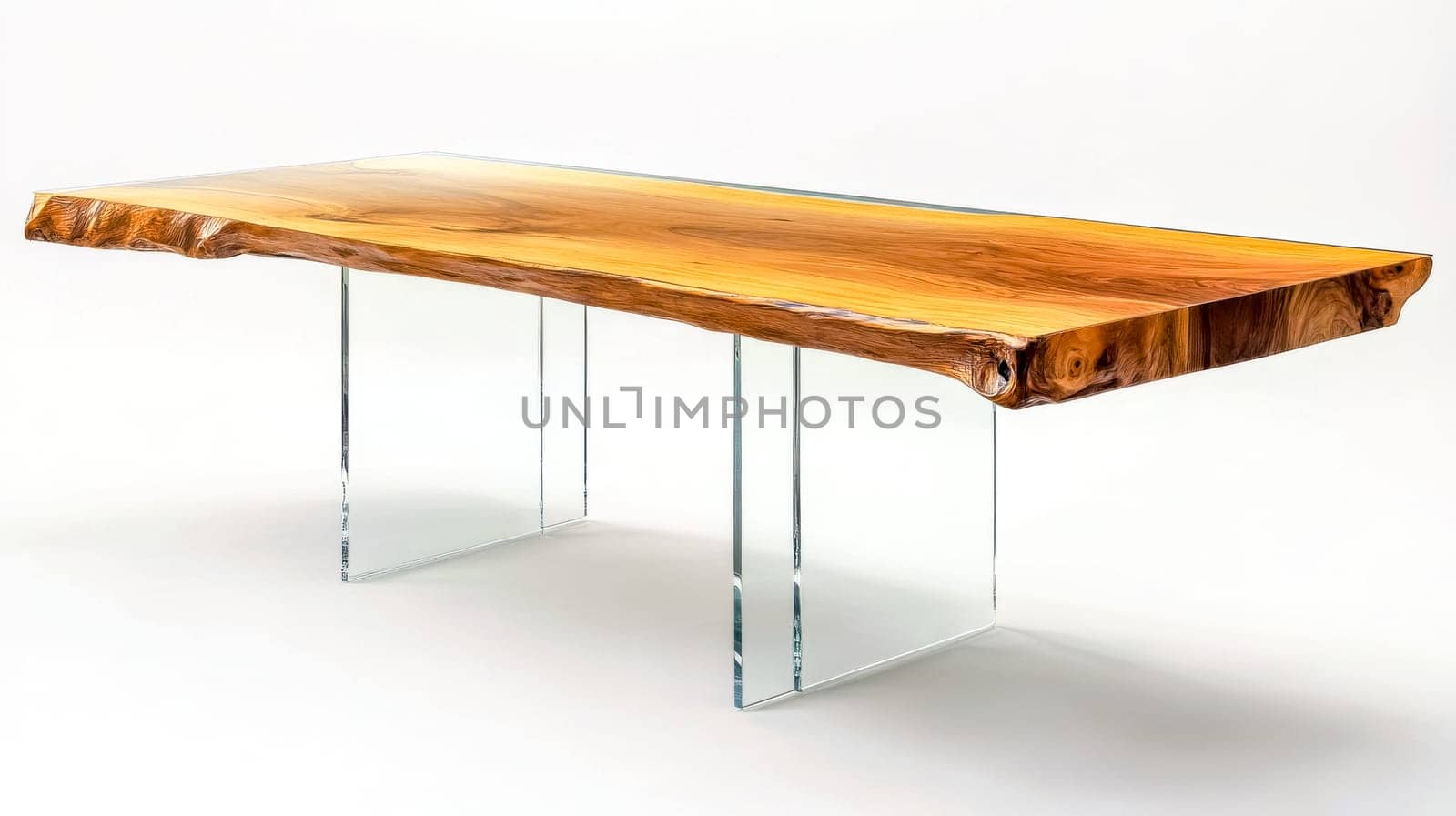 Studio shot of a modern dining table featuring a natural live edge wood slab tabletop and sleek transparent glass legs, showcasing contemporary design and craftsmanship