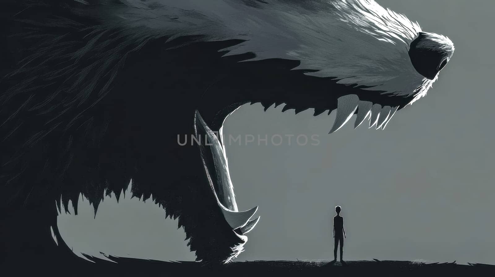 Digital painting depicts a courageous child standing before a giant wolf with its mouth wide open, showcasing themes of courage, vulnerability, and the power of facing fears