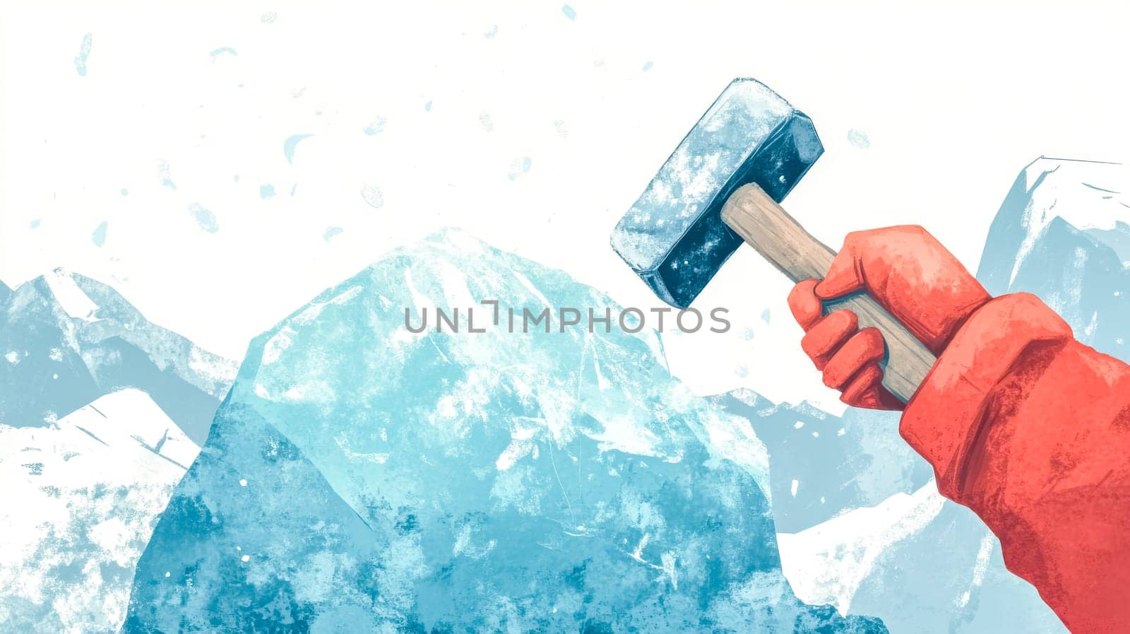 Gloved hand holding a hammer breaking a large ice block with ice shards flying, set against a snowy mountain landscape, created in a stylized illustrative technique