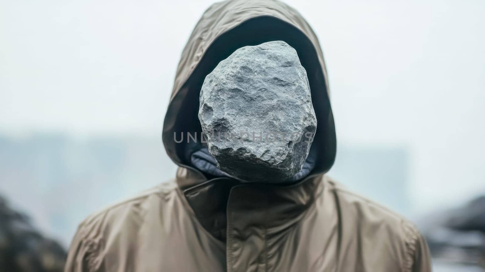 Person wearing a hooded coat hiding their face with a stone, symbolizing anonymity, privacy, and the protection of personal identity in a minimalist and conceptual style