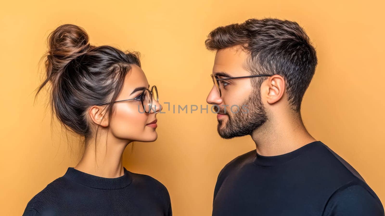 Studio shot of a young couple wearing matching black t shirts and stylish eyeglasses gazing intently at each other against a vibrant yellow backdrop, creating a sense of connection and intimacy