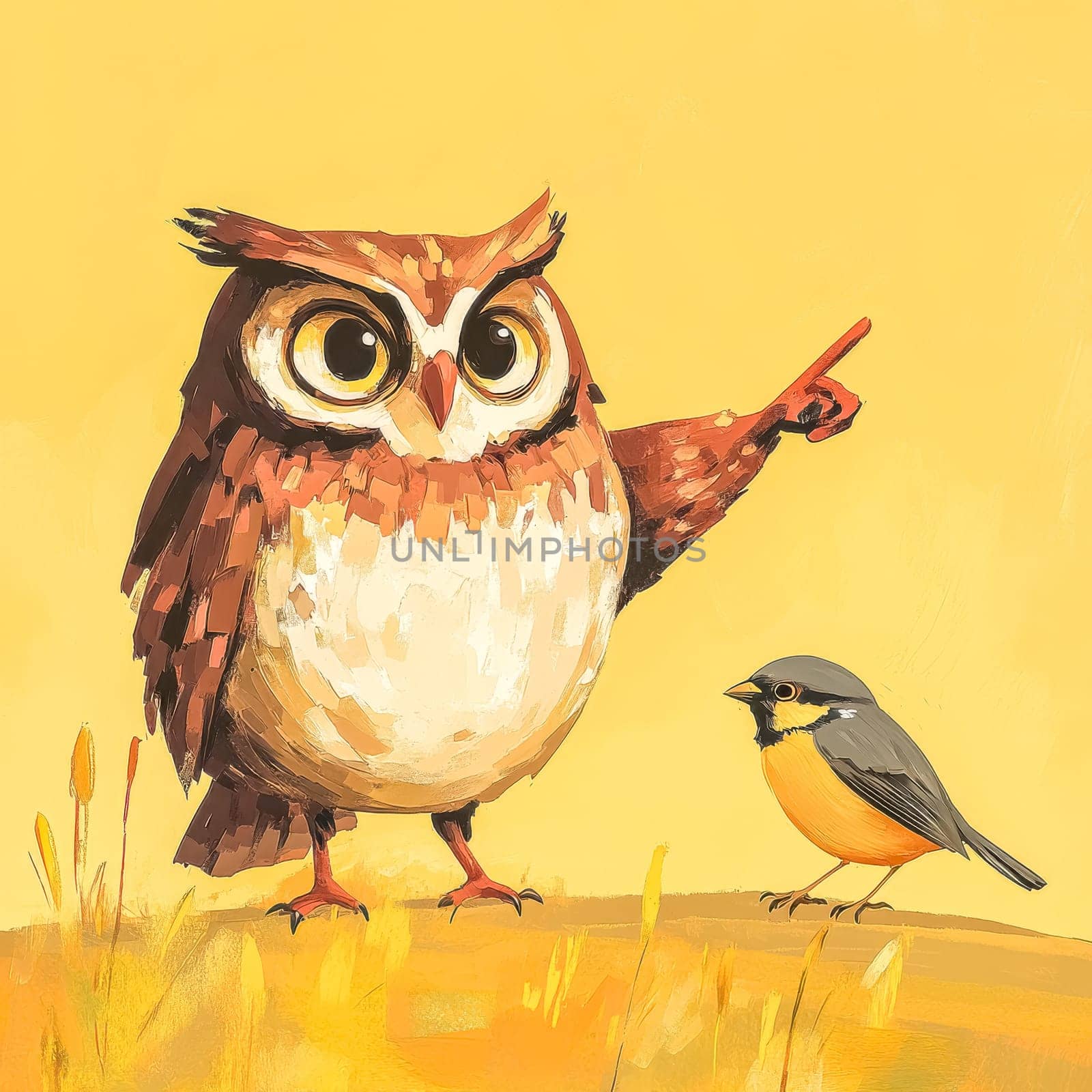 Owl with big eyes pointing its wing at a small sparrow in a humorous wildlife scene, highlighting a predator prey relationship against a yellow background
