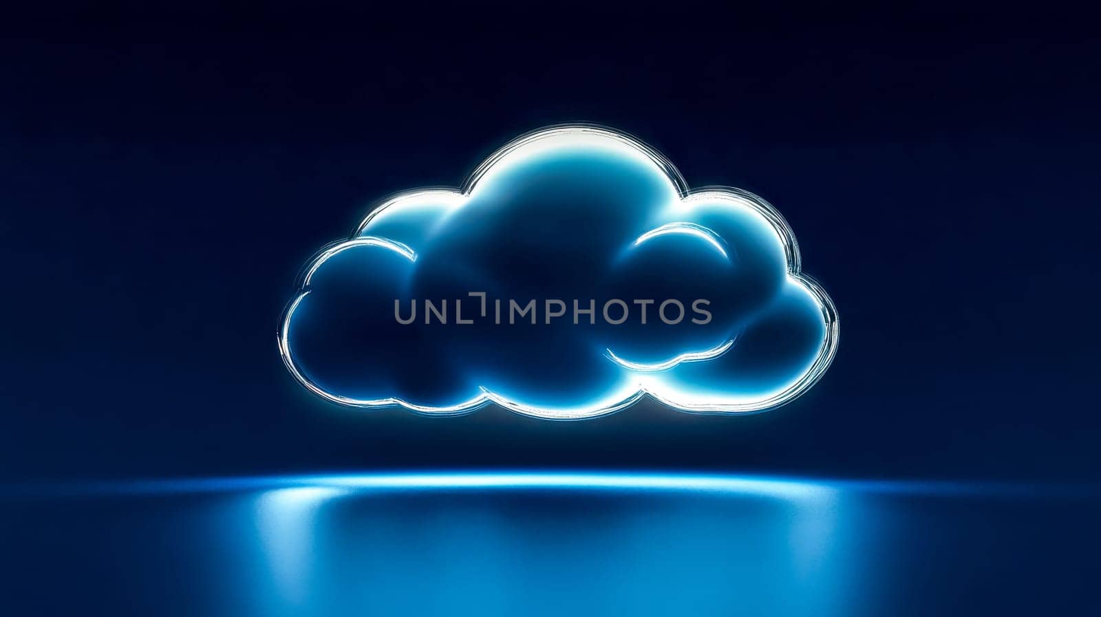 Luminous cloud computing symbol, edged in bright silver, hovering above a reflective surface and radiating a soft glow against a deep blue backdrop, creating a futuristic atmosphere