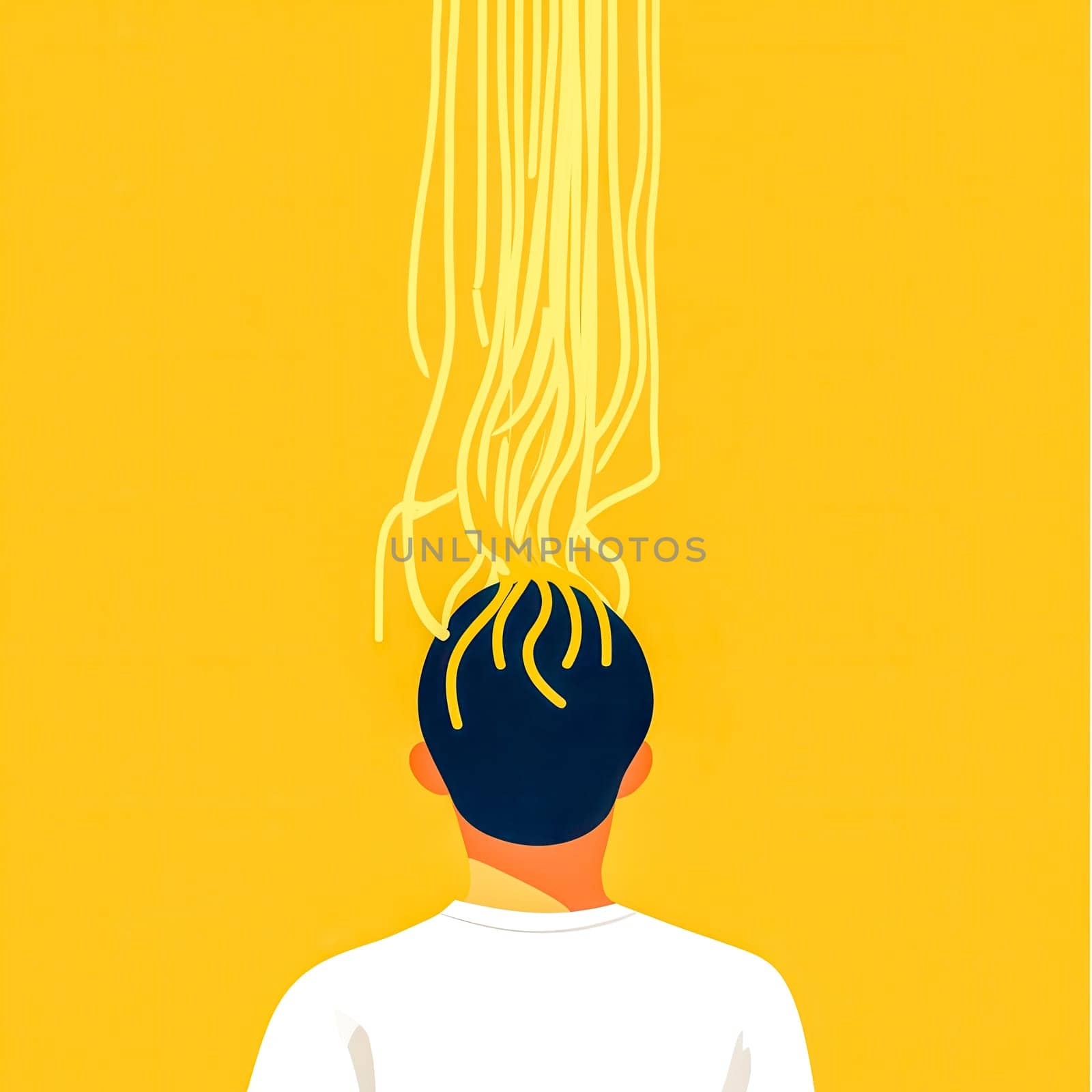 Minimalist illustration depicting a person with noodles on their head against a vibrant yellow background, representing unconventional thinking and creativity