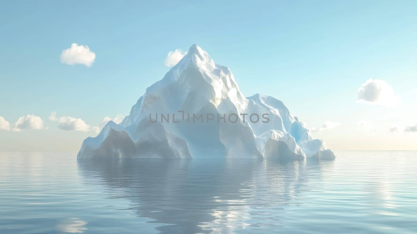 Large iceberg floating in calm ocean water with small tip above surface under blue sky with few clouds, representing hidden danger, climate change and global warming