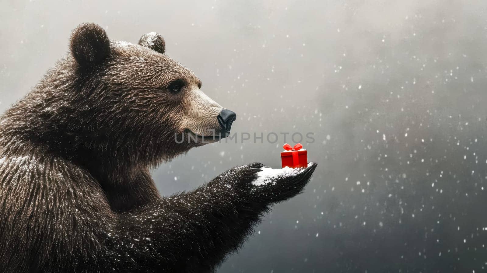Brown bear gently offers a small, red gift wrapped with a ribbon, amidst a snowy and atmospheric landscape, creating a heartwarming and magical winter scene