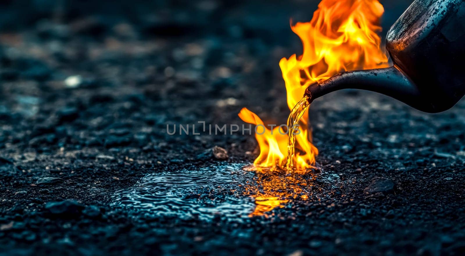 Flammable liquid pouring from a metal container onto a small fire, creating a larger blaze with intense orange flames on a dark, textured surface