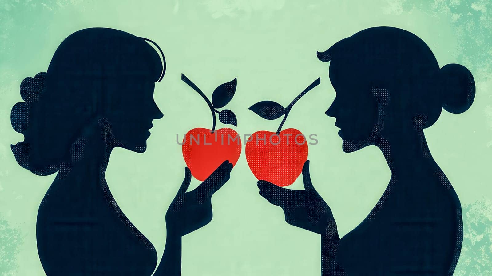 Two female silhouettes face each other, holding bright red apples, symbolizing ideas of temptation, knowledge, health, and decision making against a textured green background